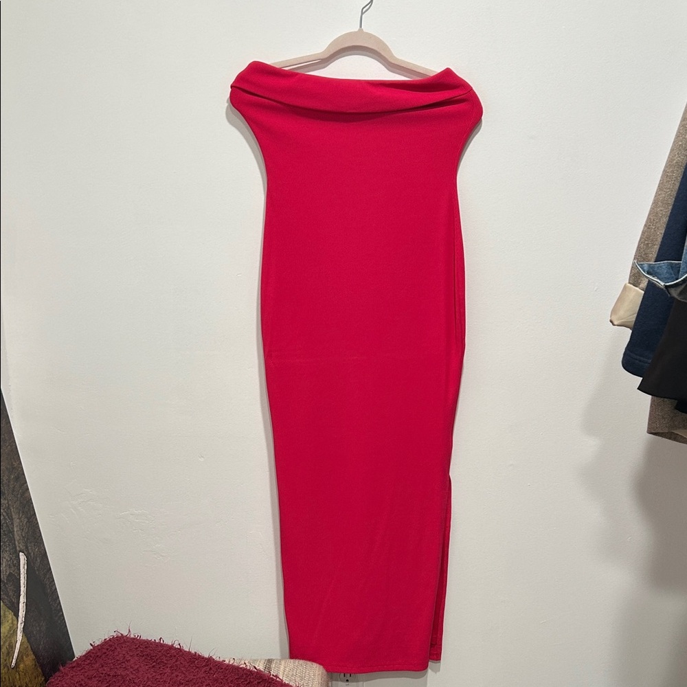 Amazon Strapless Fold-Over Bodycon Midi Dress in Bright Red